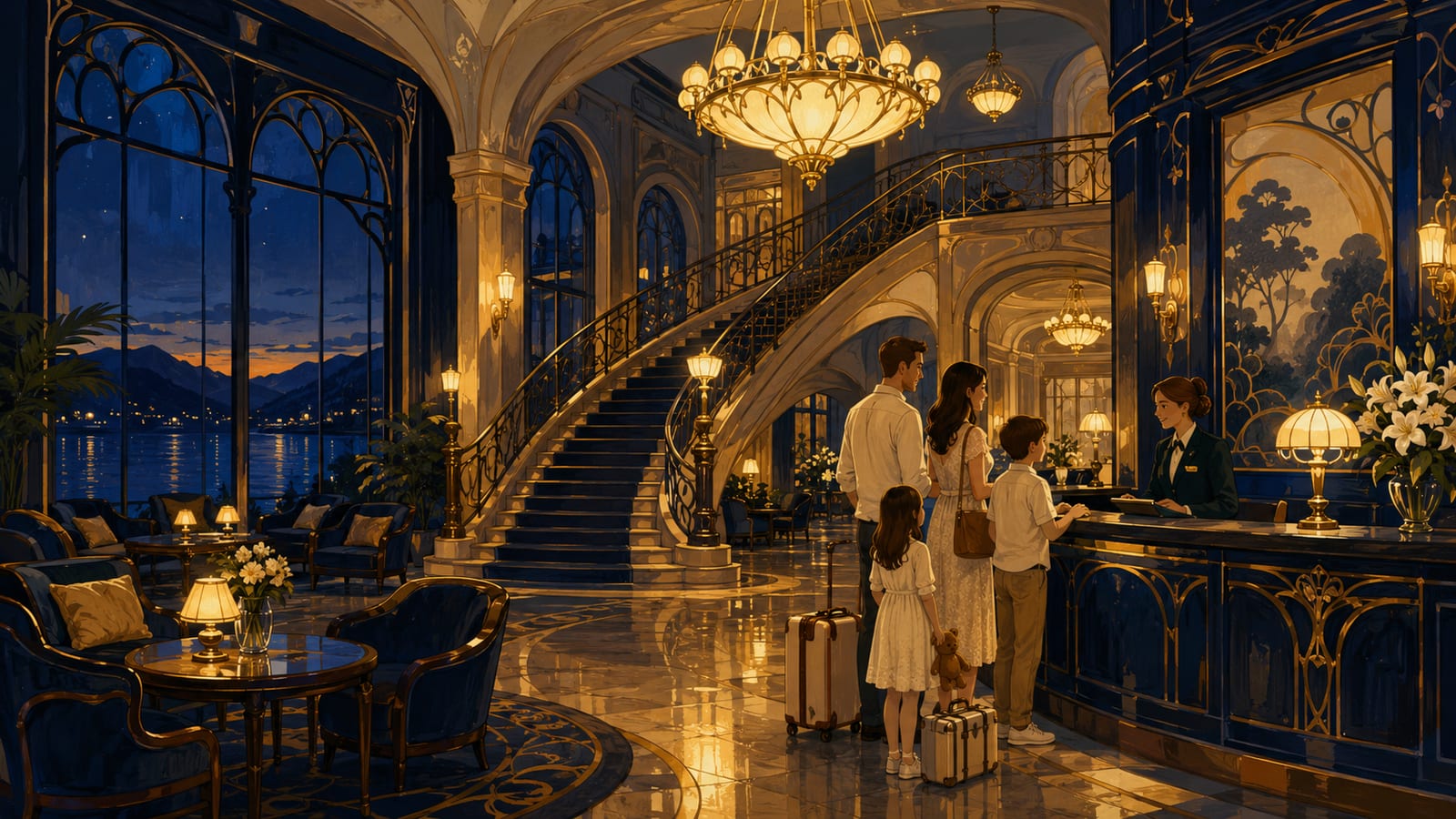 Illustration of an elegant art-nouveau resort hotel lobby in the evening with golden chandeliers
