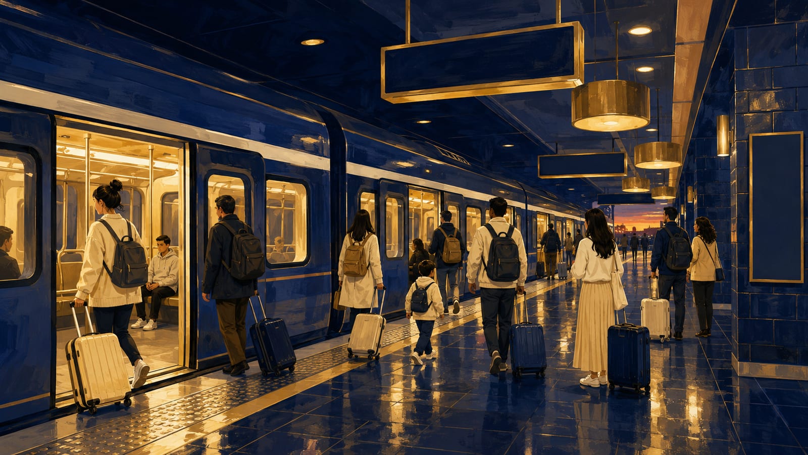 Illustration of a modern metro platform in the evening with a sleek train and travellers with suitcases